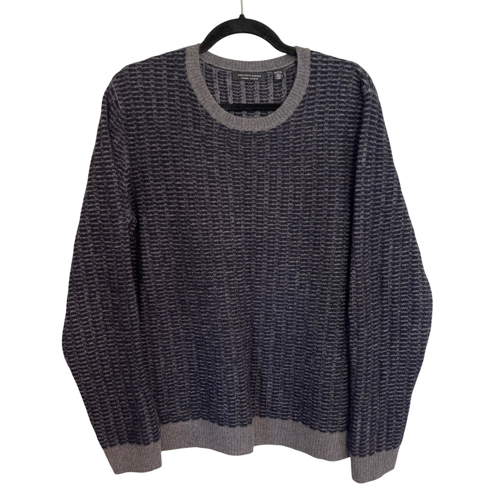 Saks Fifth Avenue Mens Cashmere Crewneck Sweater Gray Textured Knit Large